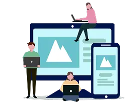 PCやスマートフォンに一緒にいる人々のイラスト