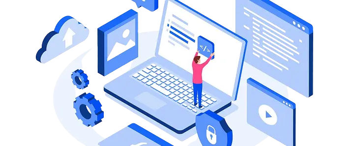 PCでいろいろなシステムを広げているイラスト