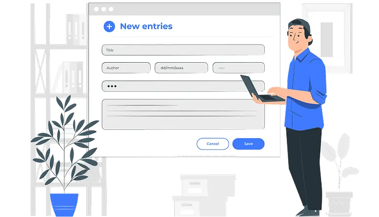 「New entries」というページを開いている男性のイラスト